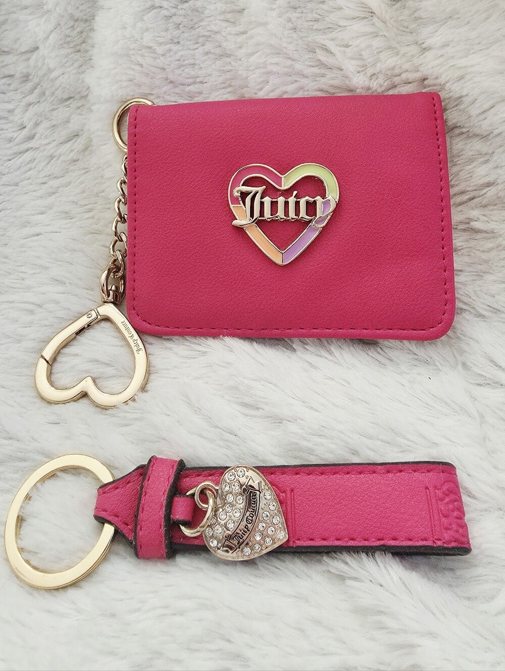 Juicy Couture Hot Pink Heart Logo Card Holder with Matching Key Fob